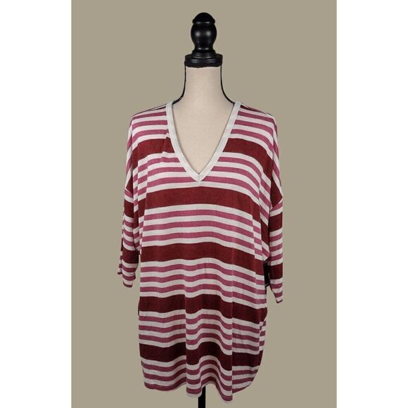Torrid Super Soft Plush Pink Striped V-neck Top w/ Dropped Shoulders Size 1X NWT - Picture 1 of 10